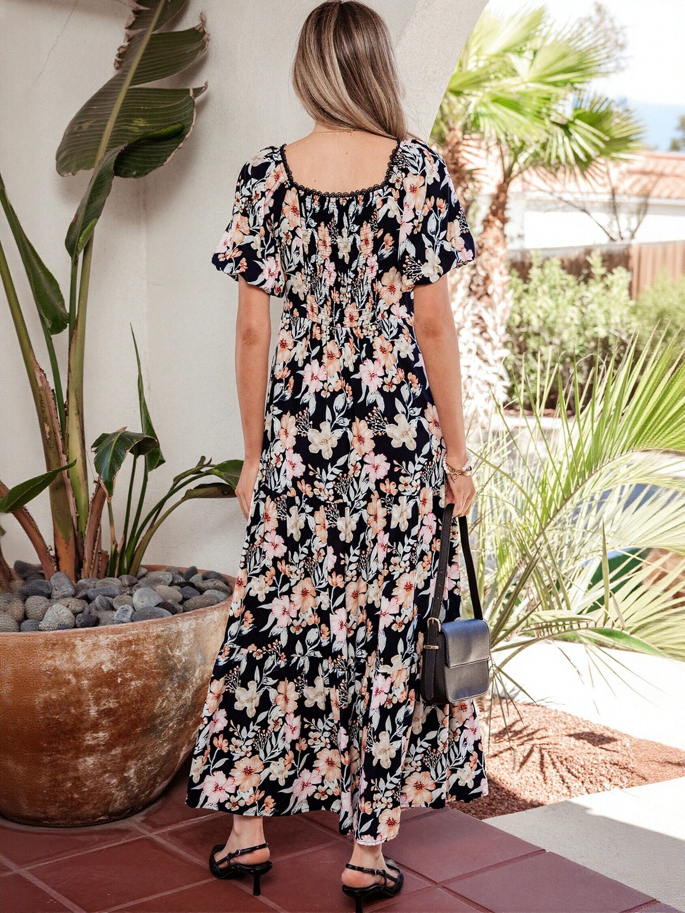 Floral Puff Sleeve Tiered Maxi Dress