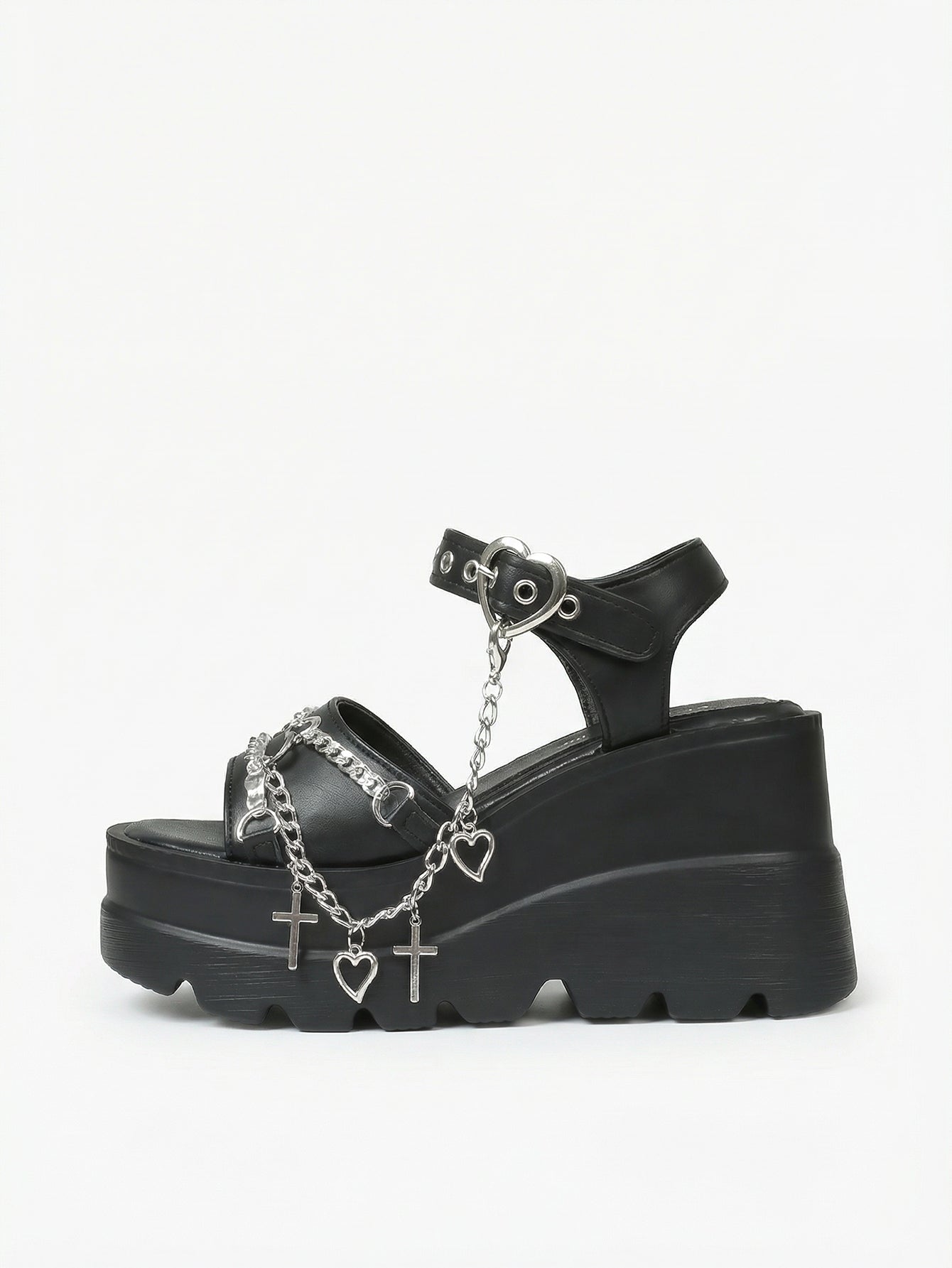 Heart-Strap Platform Edgy Sandals-Black