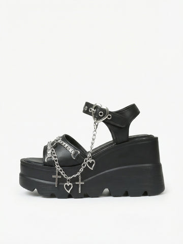 Heart-Strap Platform Edgy Sandals-Black