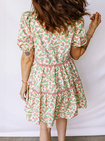 Floral Green Trim Mini Dress