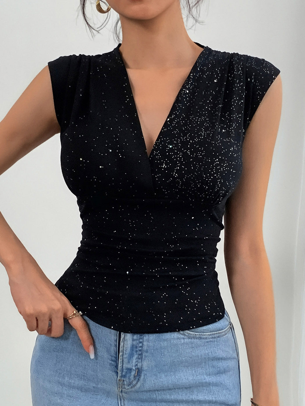 Shimmering V Neck Ruched Tank Top