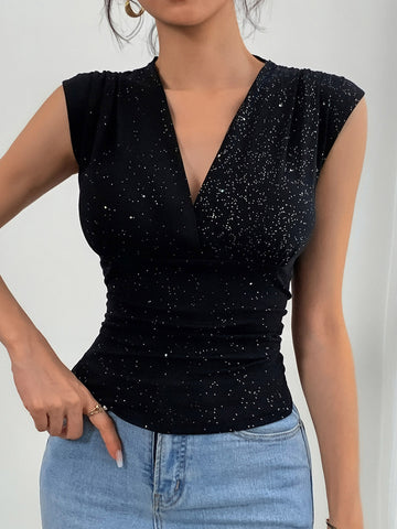 Shimmering V Neck Ruched Tank Top