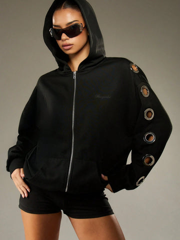 Grommet Detail Zip Up Hoodie
