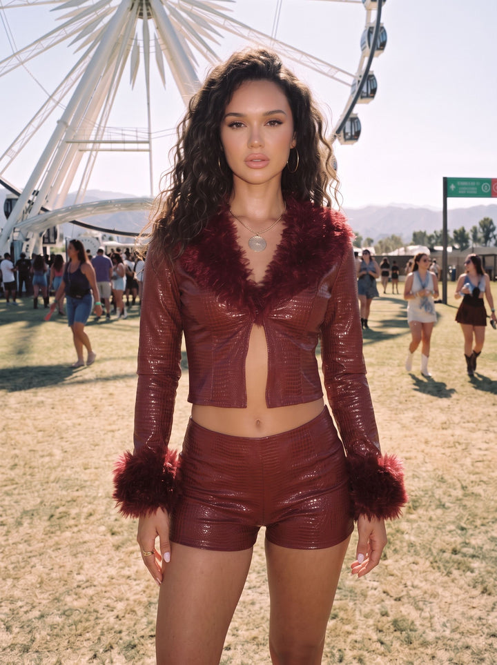 Faux Fur Metallic Short Set