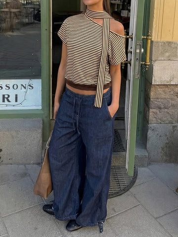 One Shoulder Striped Chic T-shirt-Multicolor