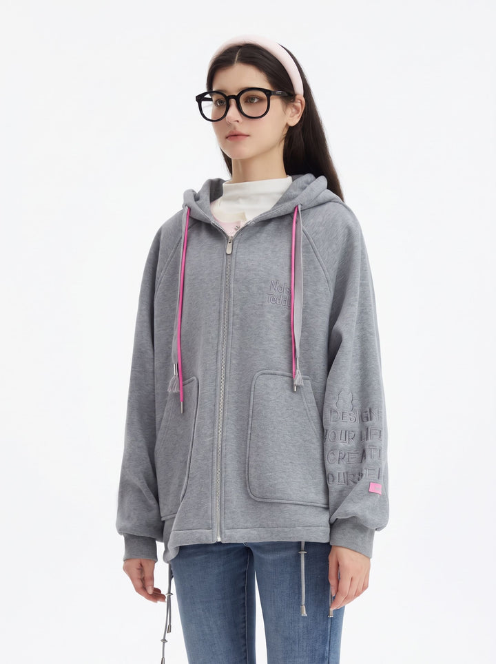 Oversized Graphic Bear Zip Up Hooded Jacket