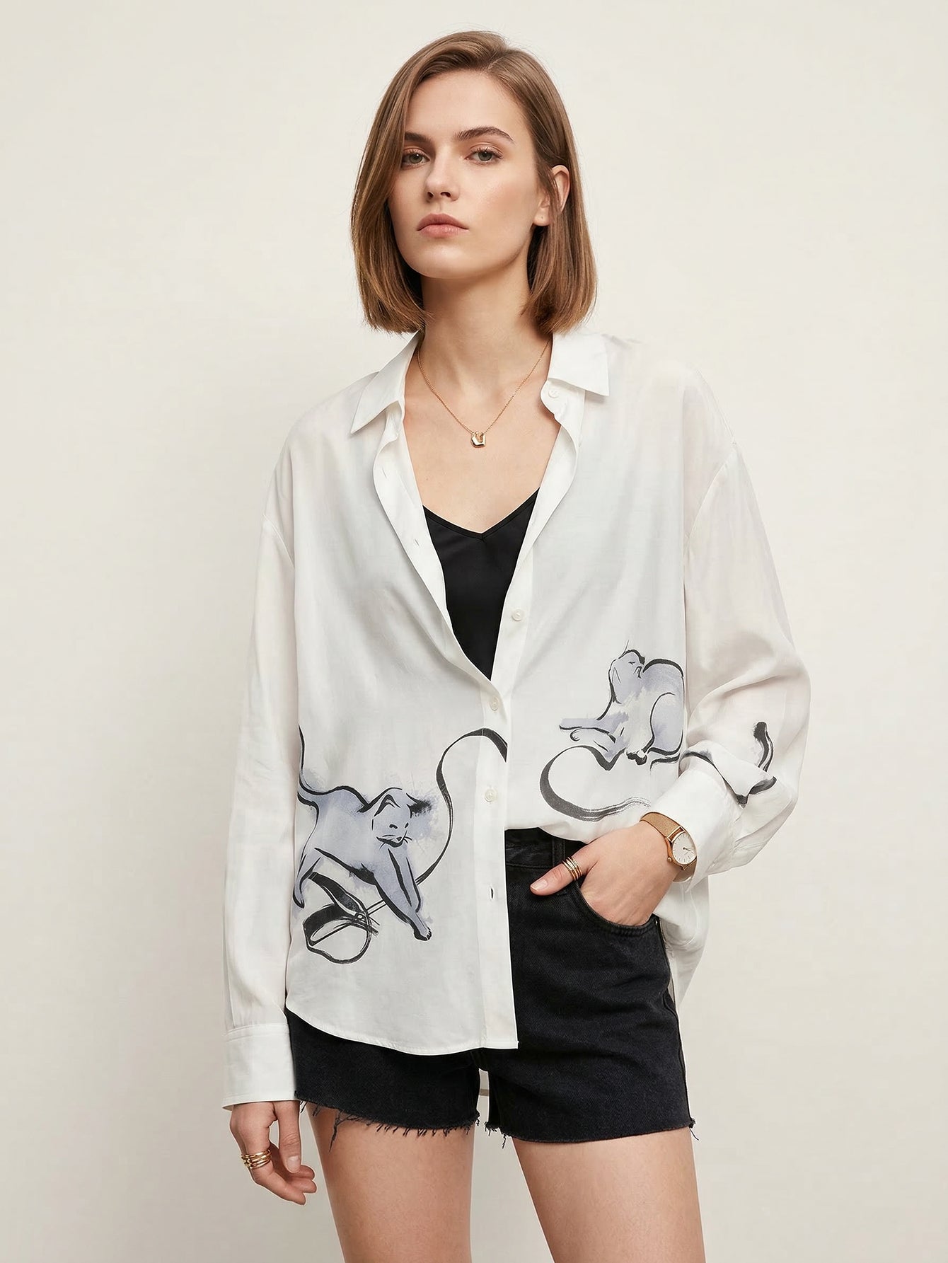Cat Print Long Sleeves Shirt