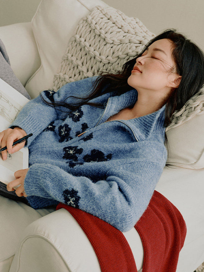 Soft Wool Blend Floral Zip Cardigan