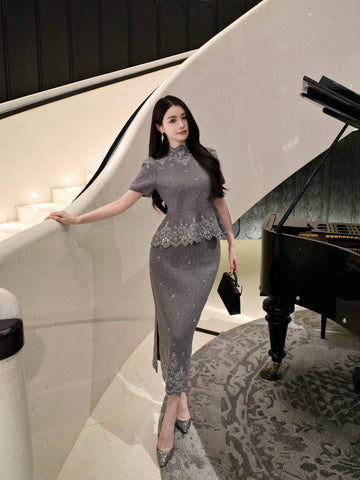 Embellished Peplum Knit Midi Skirt