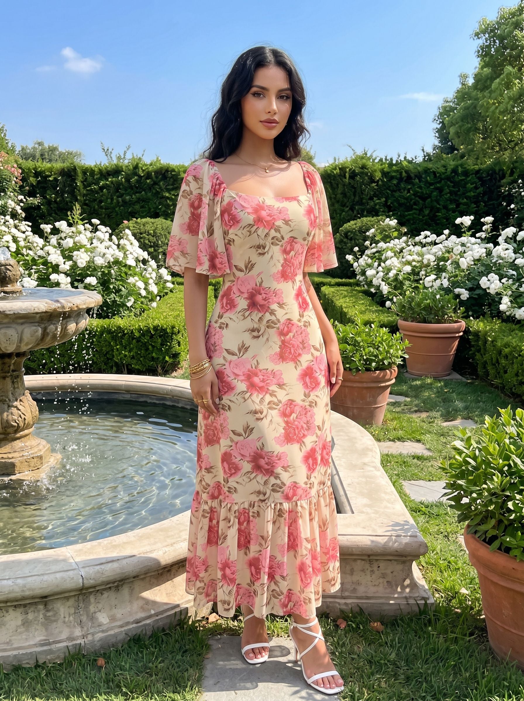 Floral Flutter Sleeve Midi Dress