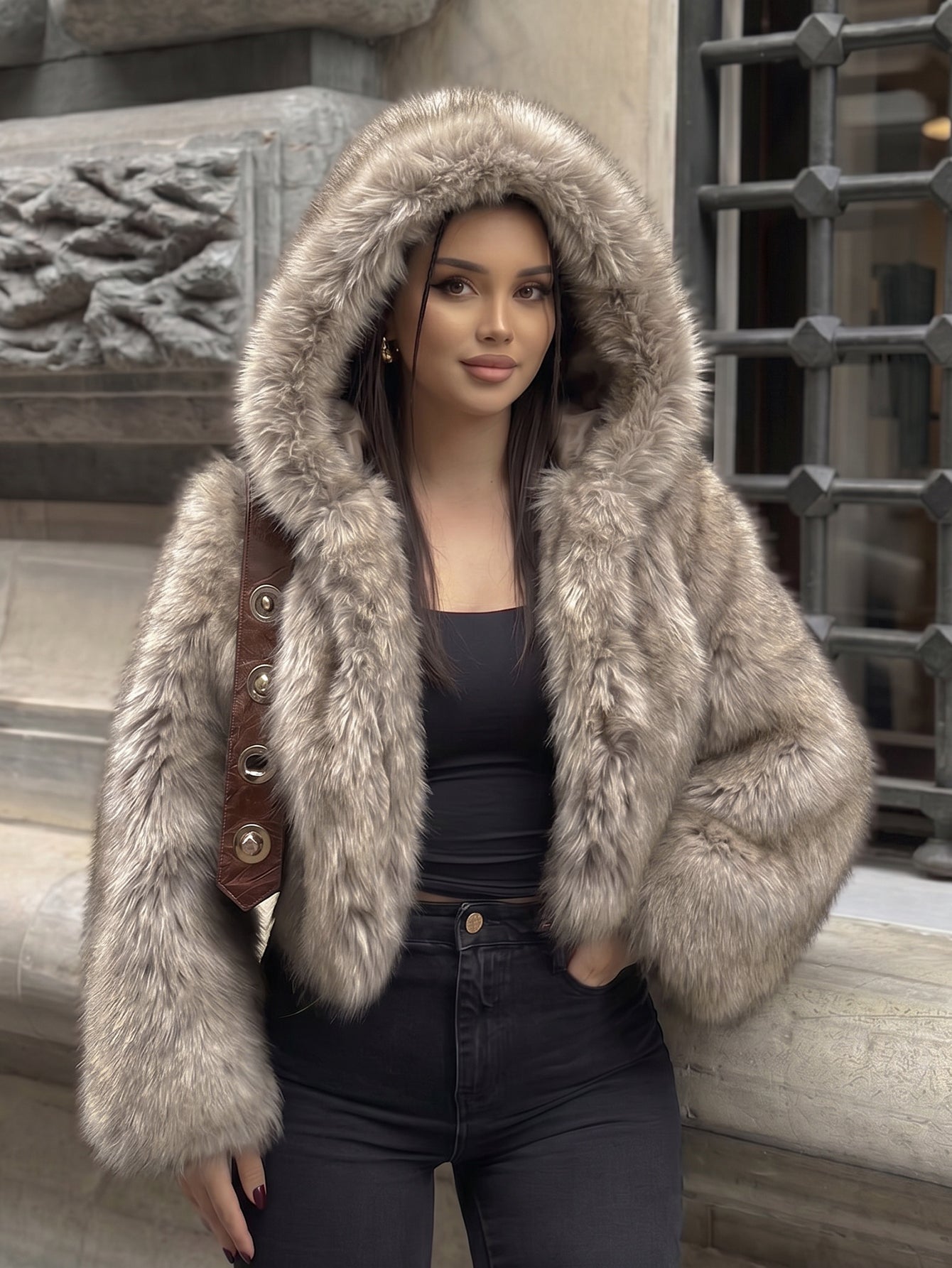 Cropped Plush Faux Fur Jacket
