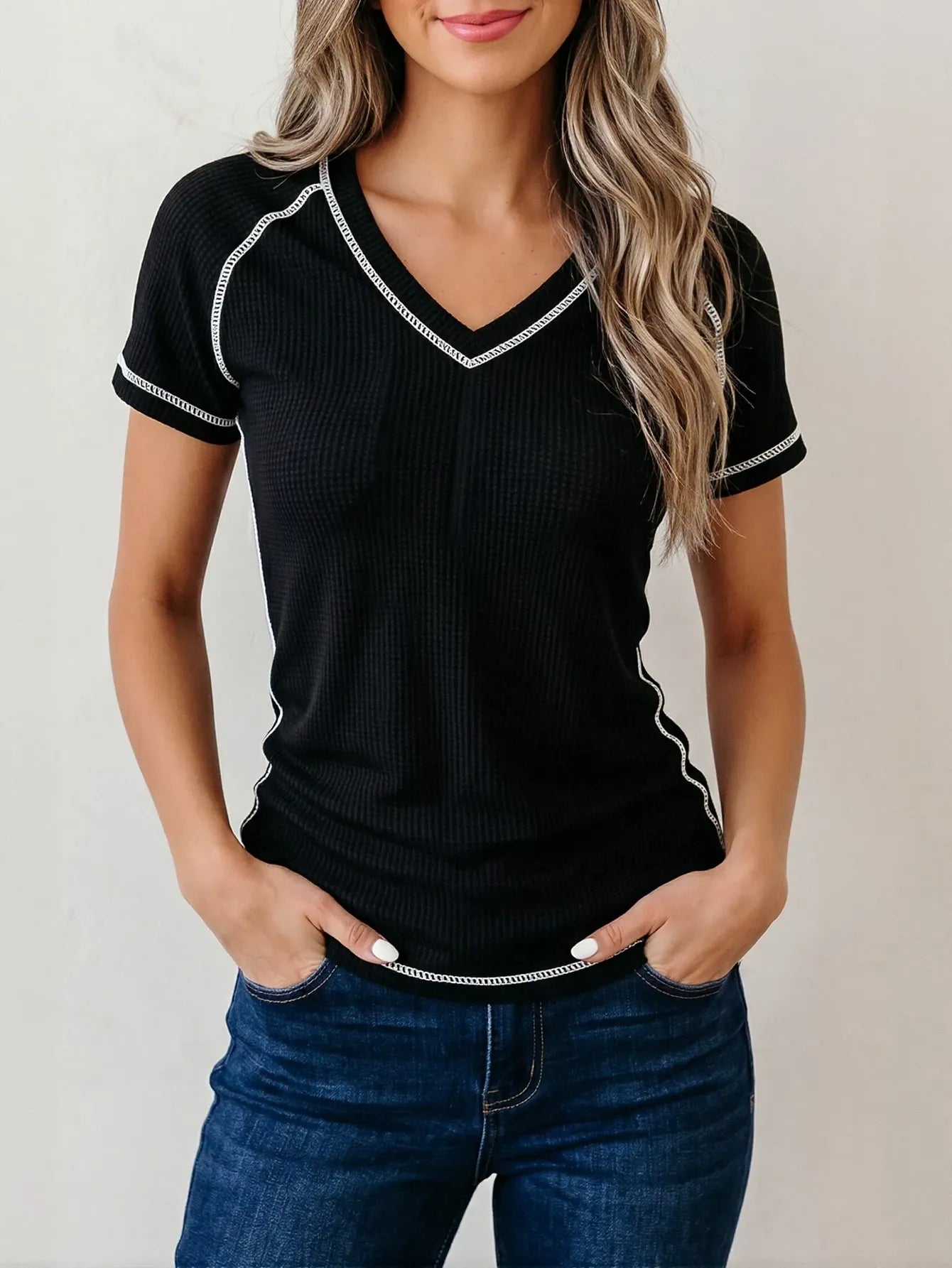 Contrast Trim V Neck Waffle T Shirt