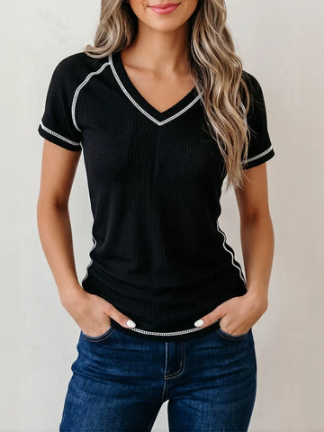 Contrast Trim V Neck Waffle T Shirt