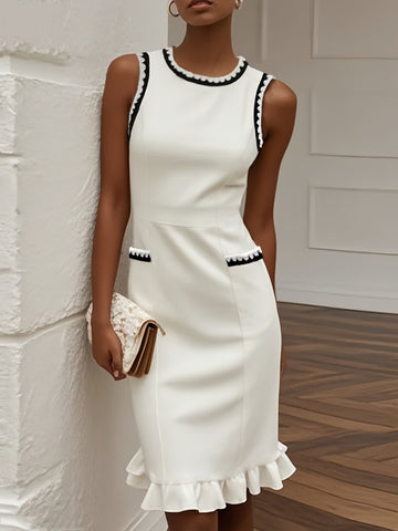 Scalloped Trim Contrast Sheath Dress