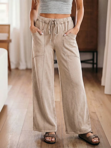 Soft Suede Drawstring Wide Leg Pants