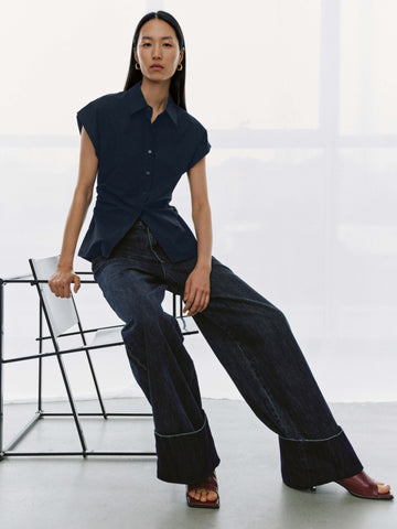 Nipped Waist Cap Short Sleeve Shirts