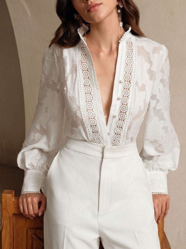 Sheer Floral Embroidered Button Down Shirt