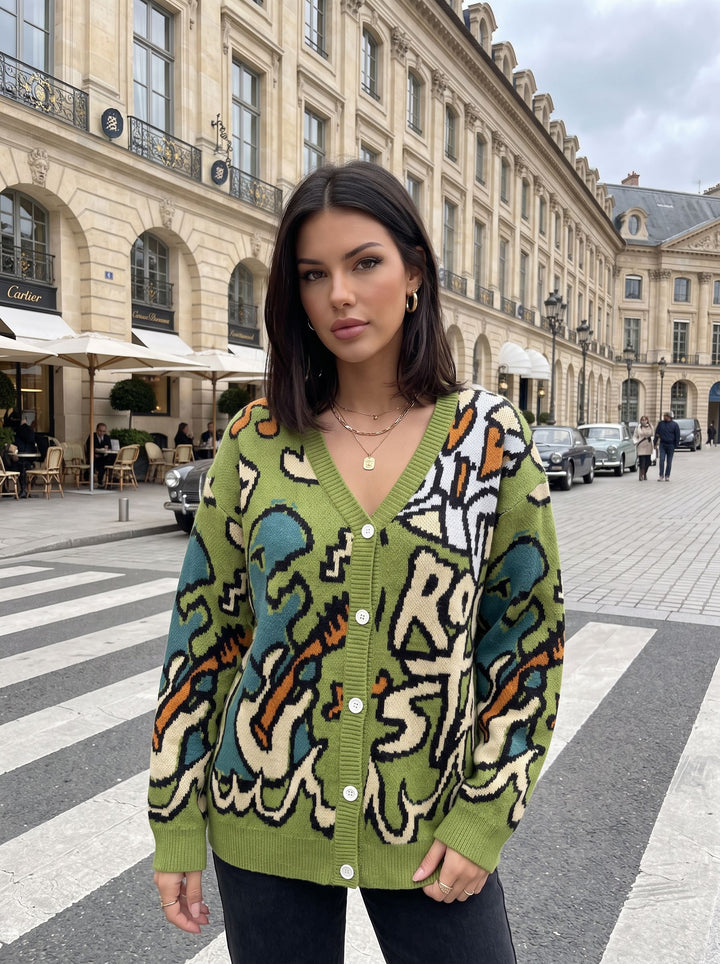 Oversized Graphic Pattern Knit Cardigan