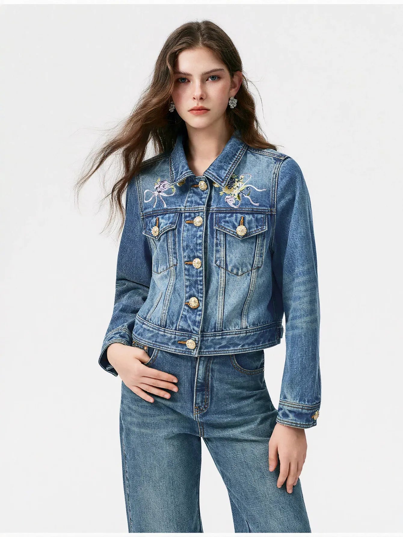 Embroidered Floral Gold Button Denim Jacket
