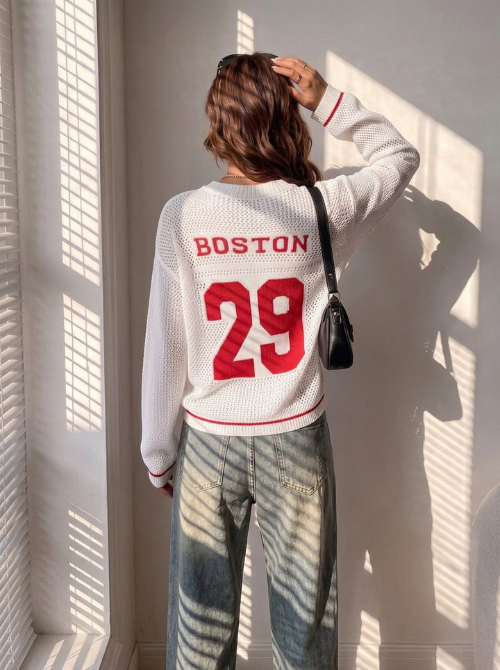 Oversized Graphic Mesh V Neck Sweater