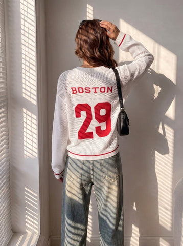 Oversized Graphic Mesh V Neck Sweater