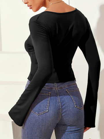 Ruched V Neck Long Sleeve Top