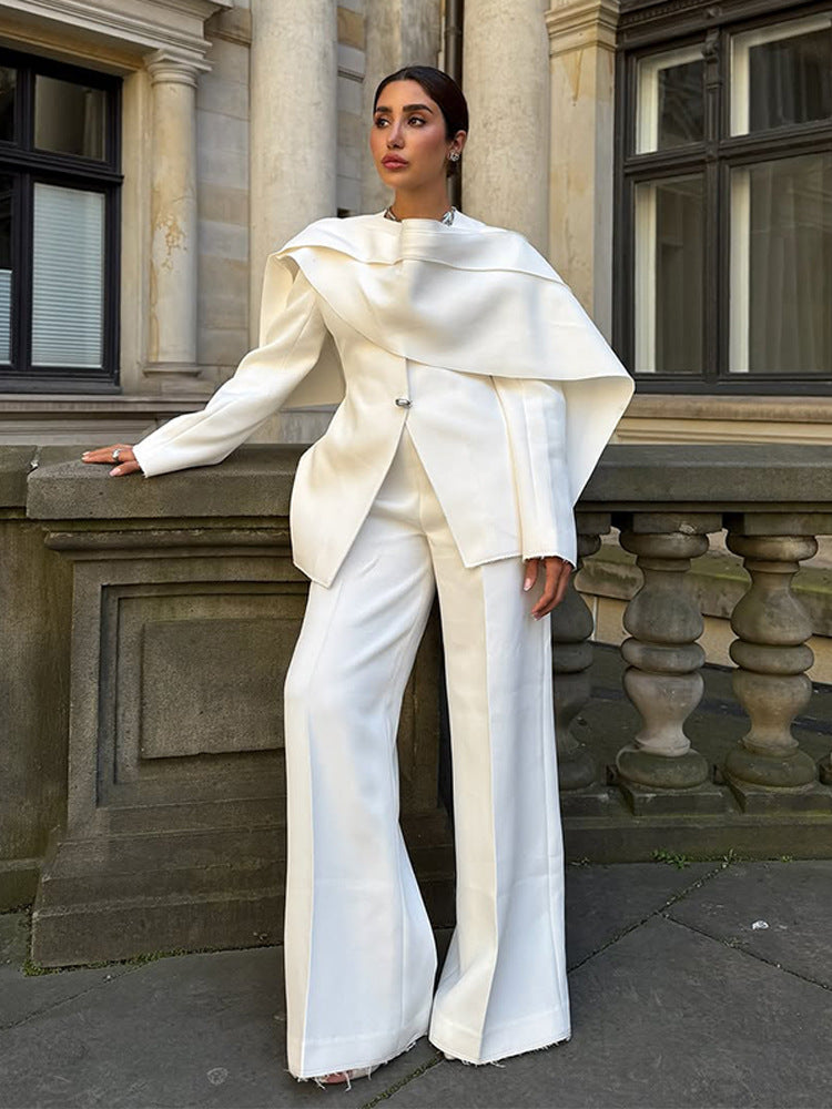 Elegant Draped Blazer Wide Leg Pantsuit