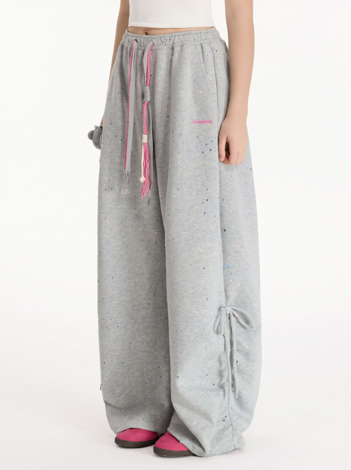 Drawstring Splatter Print Wide Leg Pants