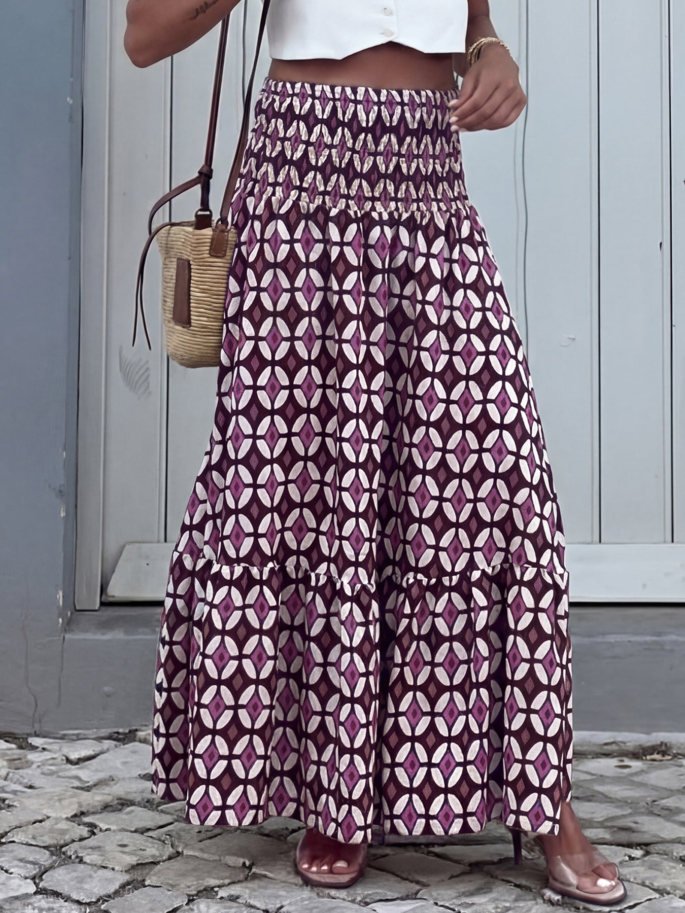 Boho Printed Smocked Waist Maxi Skirt