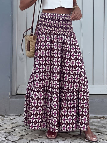Boho Printed Smocked Waist Maxi Skirt
