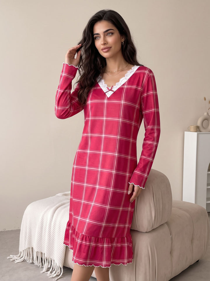 Cozy Plaid Lace Trim Nightgown