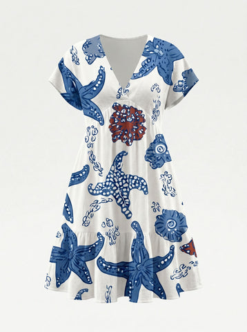 Floral Print V Neck Tiered Babydoll Mini Dress