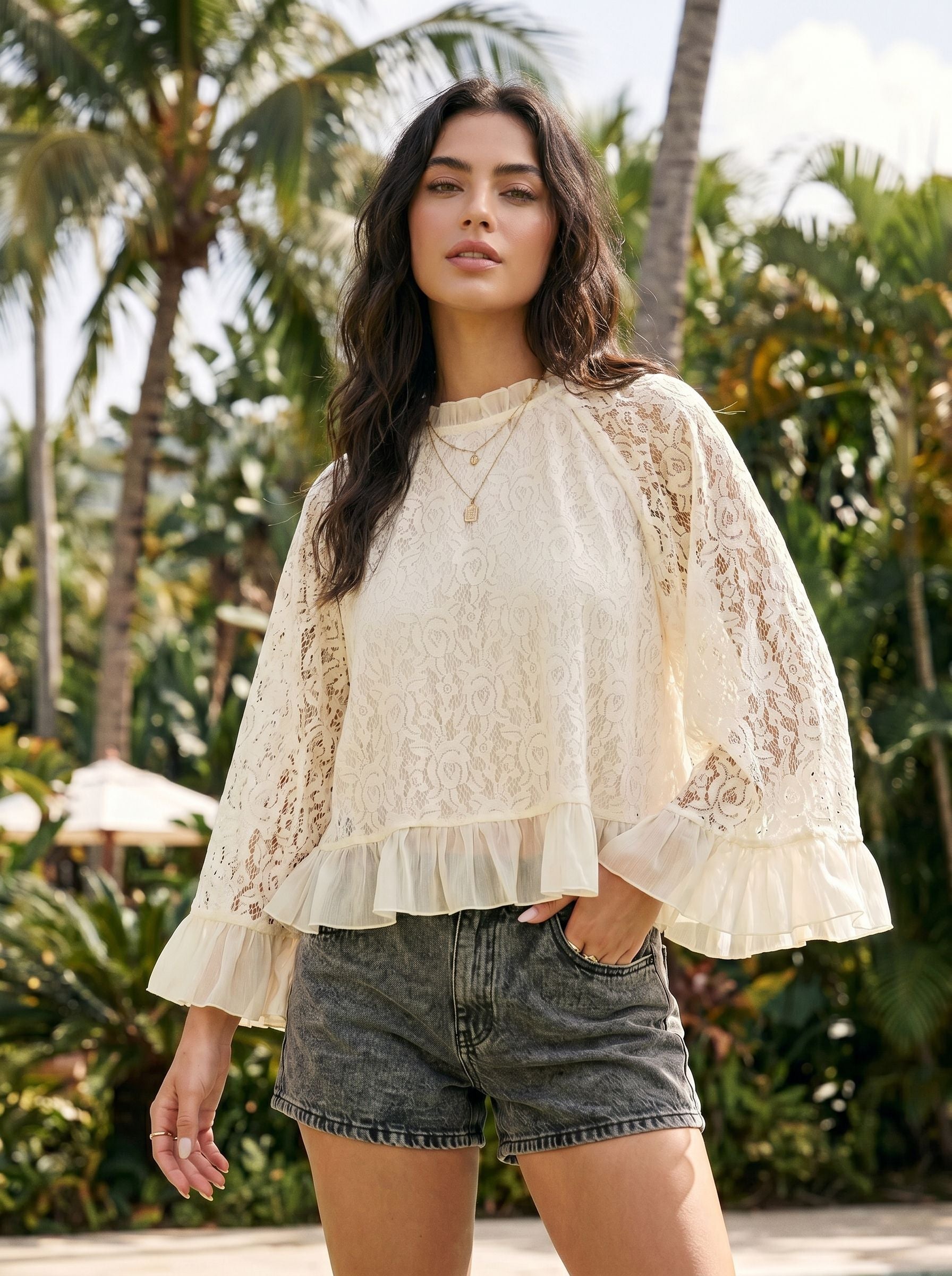 Elegant Lace Ruffle Sleeve Blouse