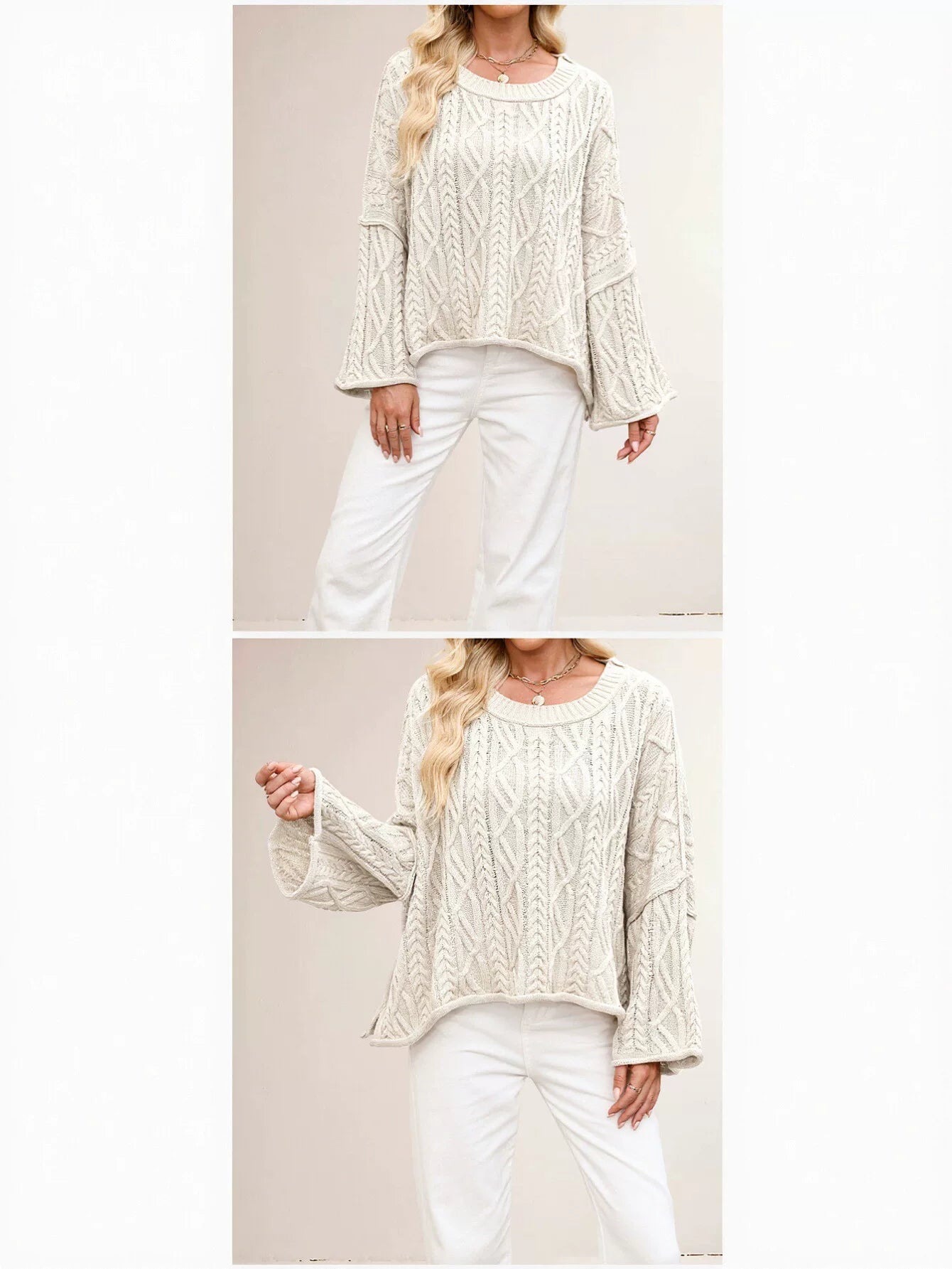 Oversized Cable Knit Bell Sleeve Sweater