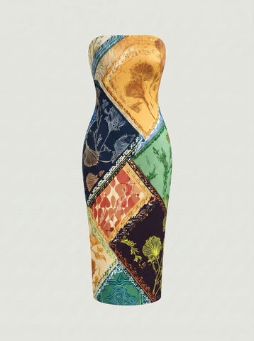 MAIA Floral Print Strapless Sheath Midi Dress