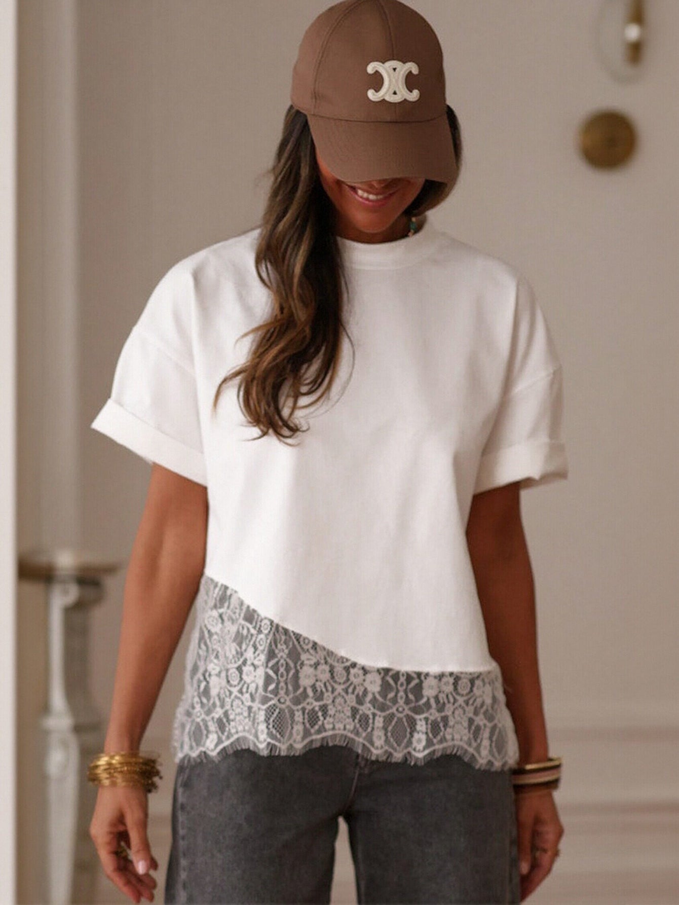 Lace Trim Casual Boxy T Shirt