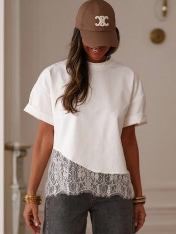 Lace Trim Casual Boxy T Shirt
