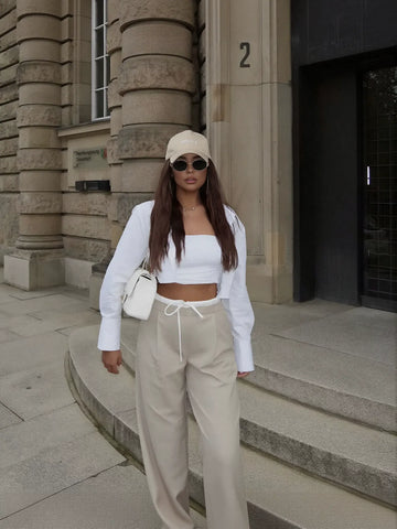High Waisted Drawstring Wide Leg Pants
