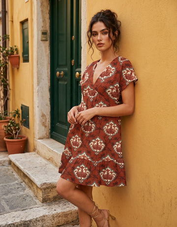 EVA Boho Medallion Print V Neck Tiered Babydoll Mini Dress