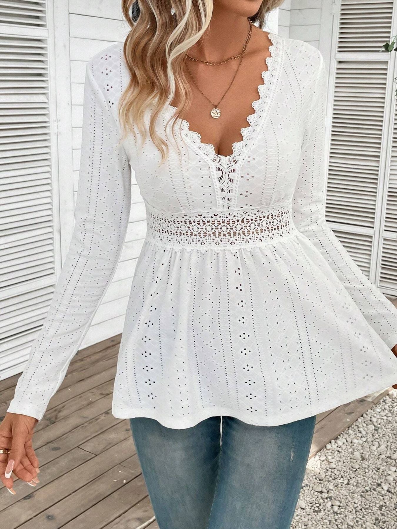 Elegant Eyelet Lace Peplum Blouse