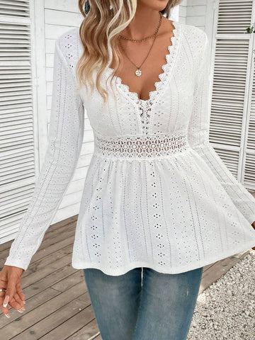 Elegant Eyelet Lace Peplum Blouse