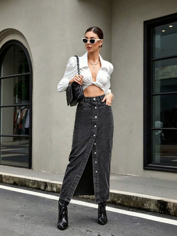 High Waisted Button Front Denim Maxi Skirt