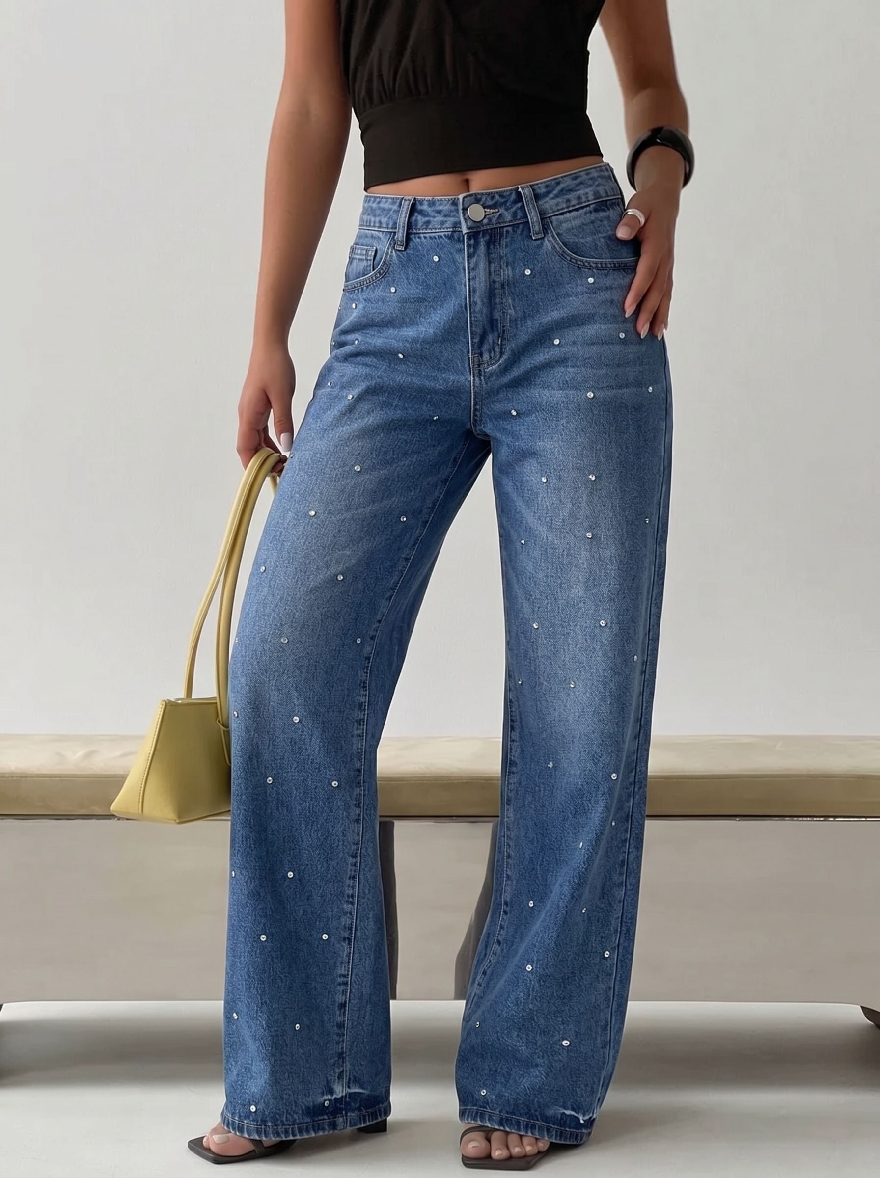 Rhinestone Embellished High Waisted Wide Leg Jeans