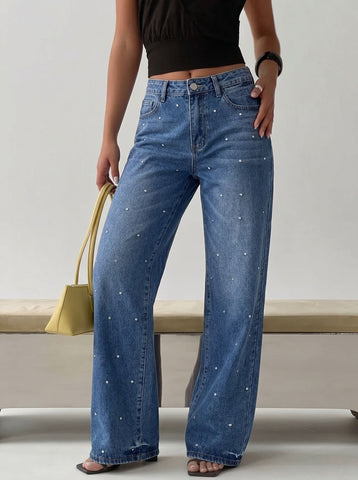 Rhinestone Embellished High Waisted Wide Leg Jeans