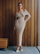 Off Shoulder Ribbed Knit Midi Dress