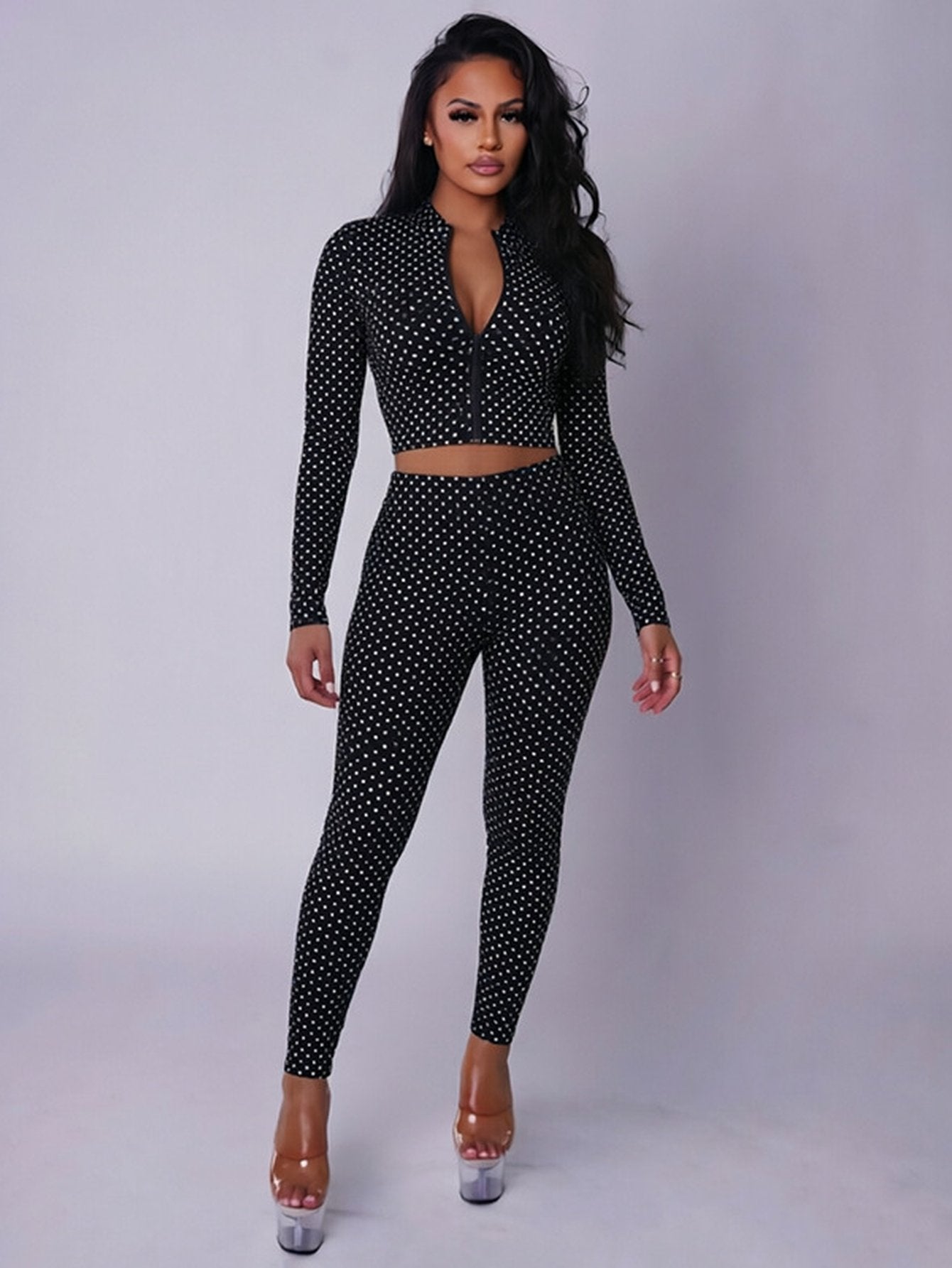 Polka Dot Zip Crop Pants Set