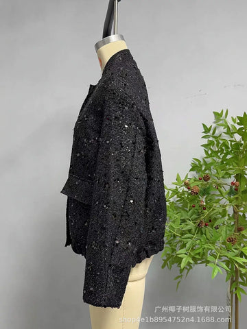 Shimmering Tweed Stand Collar Jacket