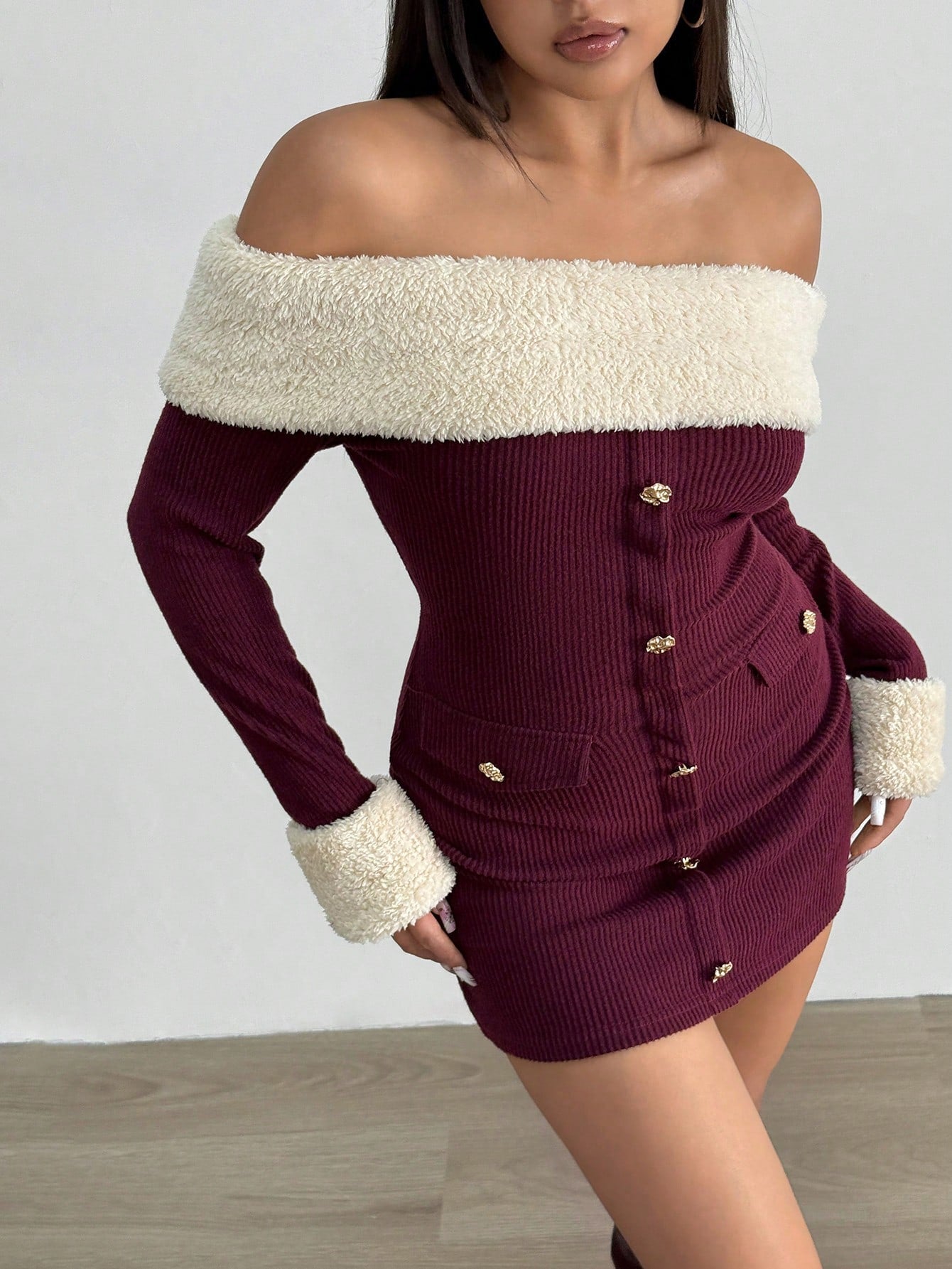Faux Fur Trim Off Shoulder Dress