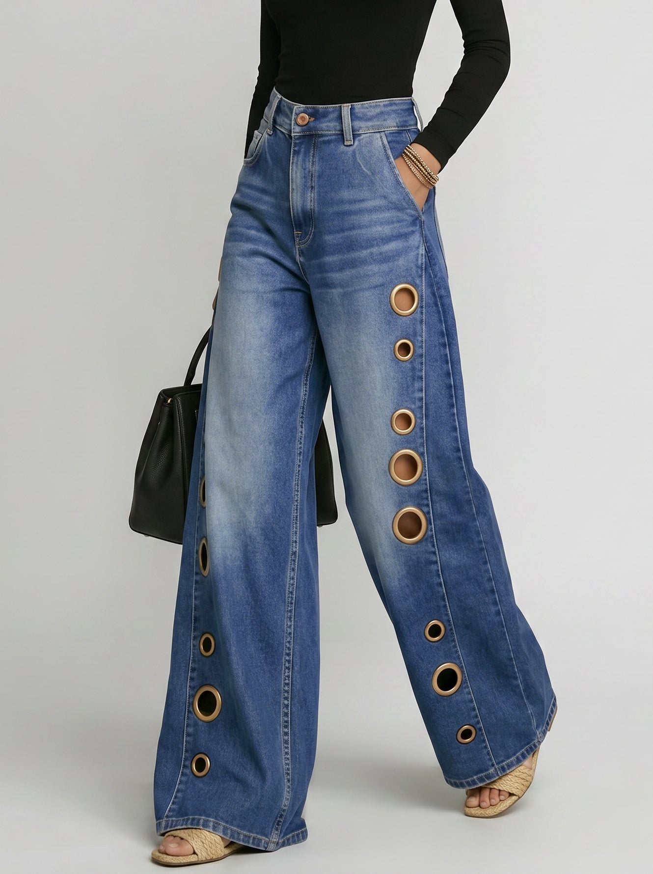 Eyelet Detail Wide Leg Jeans