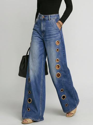 Eyelet Detail Wide Leg Jeans